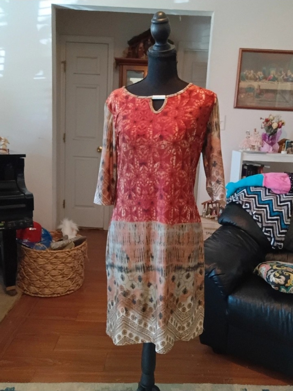 Boho Printed Midi Dress in Rust and Cream